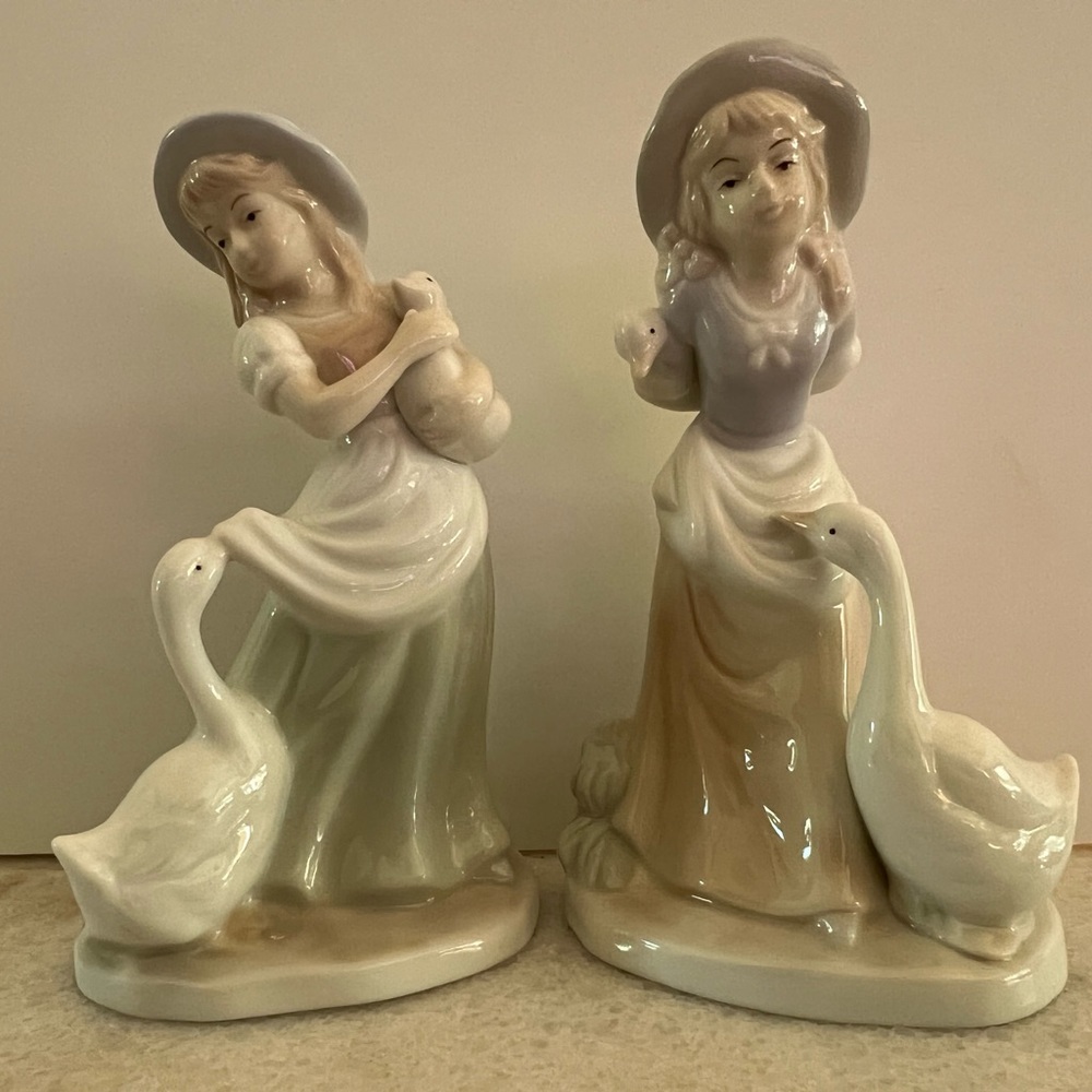 Two Vintage woman and goose figurines